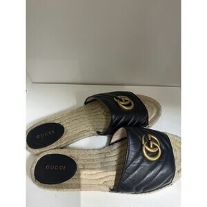 Gucci GG Marmont Leather Espadrille Slides - Black Size 40,5